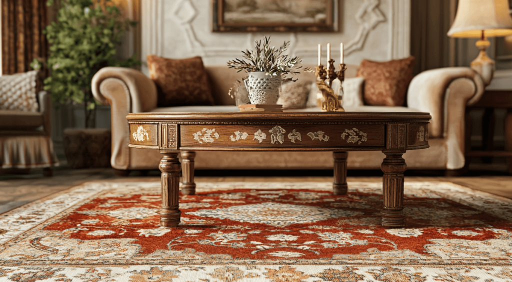 Das Wohnzimmer ist elegant eingerichtet mit einem geschnitzten Holztisch, einem beigen Sofa mit Zierkissen und klassischer Deko wie Kerzenständer und Vase.