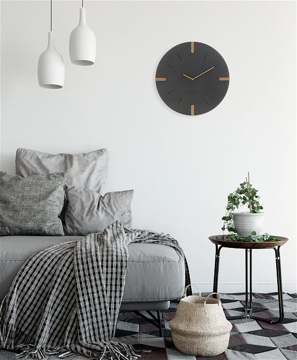 Designer clock THE WOODY image in a living room area
