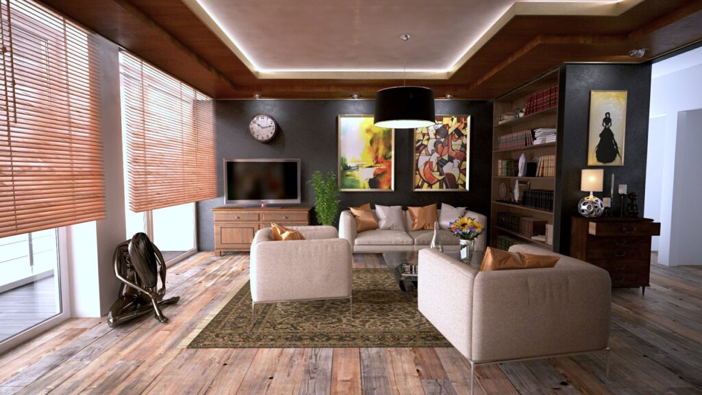 A modern house with wooden floors and wooden blinds