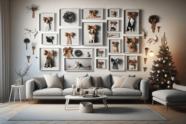 A wall gallery with a decorative ribbons on it