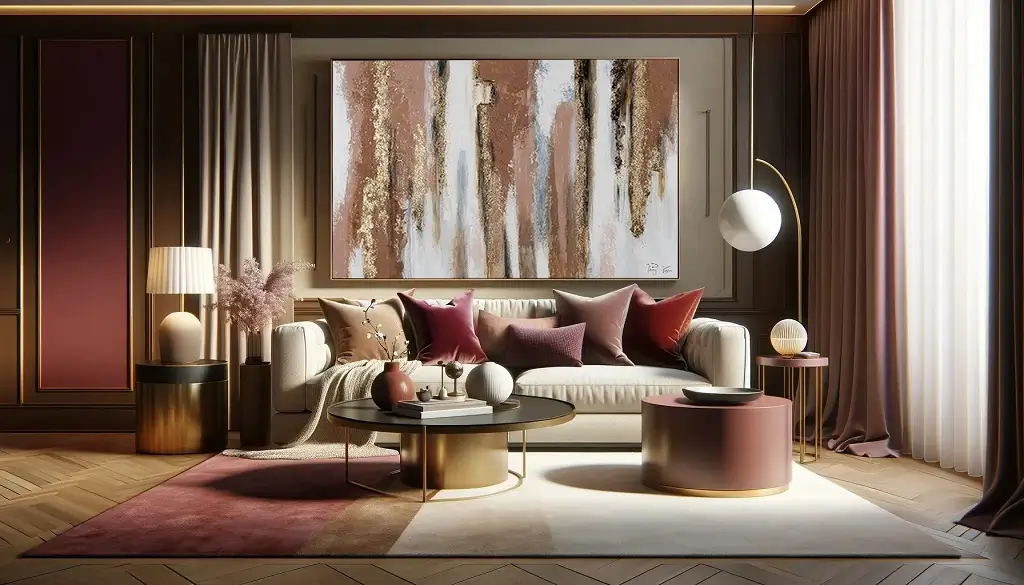 Living room space with romantic colour palette of burgundy and beige
