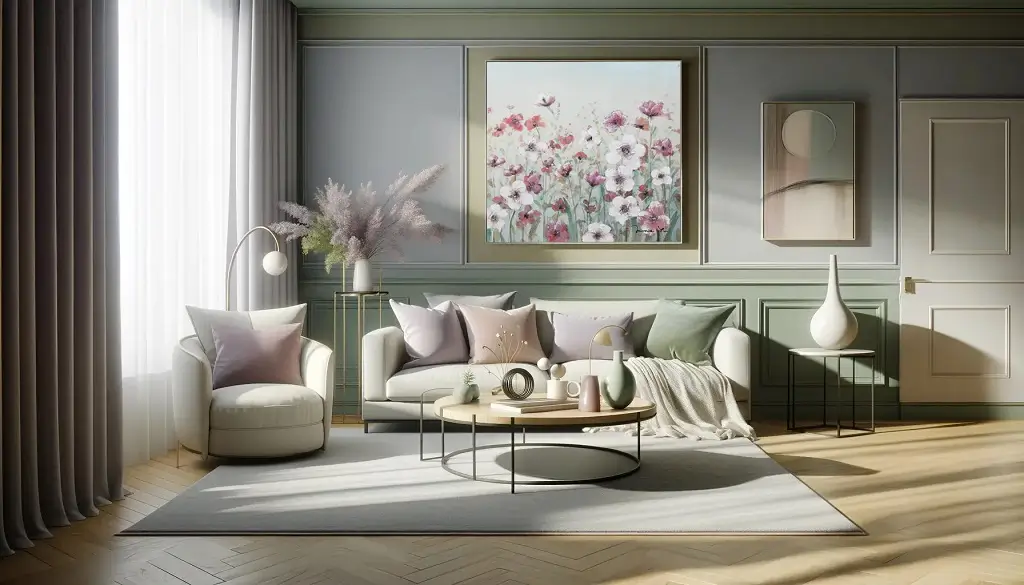 Living room space with romantic colour palette of soft lavender and sage green