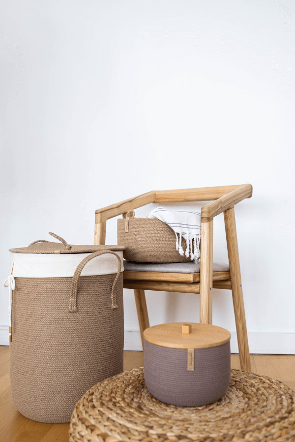Rattan storage baskets and a wooden chair