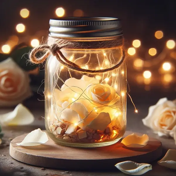 decorative diy lantern with fairy light and rose petals