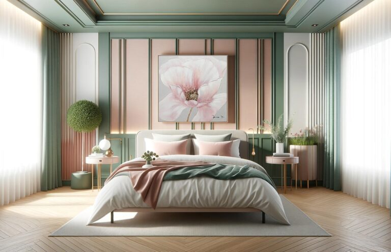 green and pink blush colour palette perfect for the bedroom