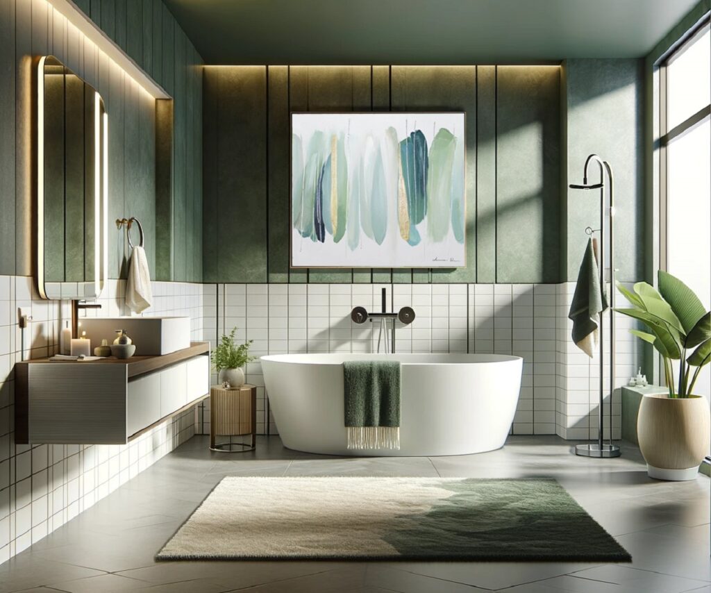 green and white colour palette in the bath
