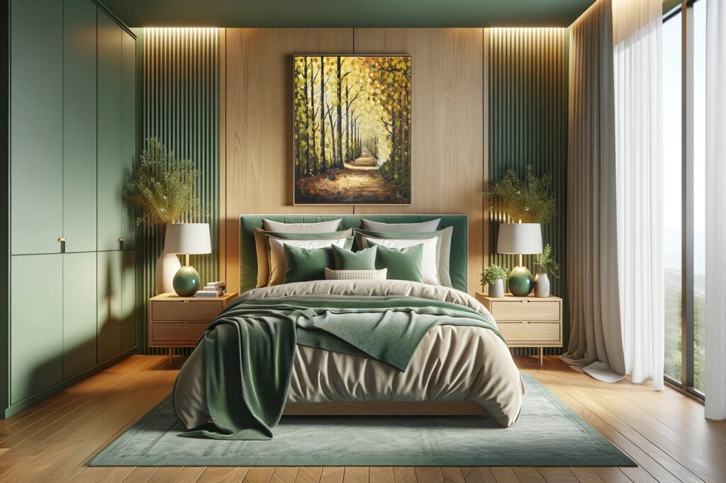 green and wood tones colour palette for the bedroom