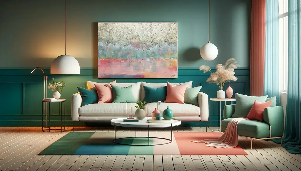 living room landscape with romantic colour palette of deep blue and soft coral