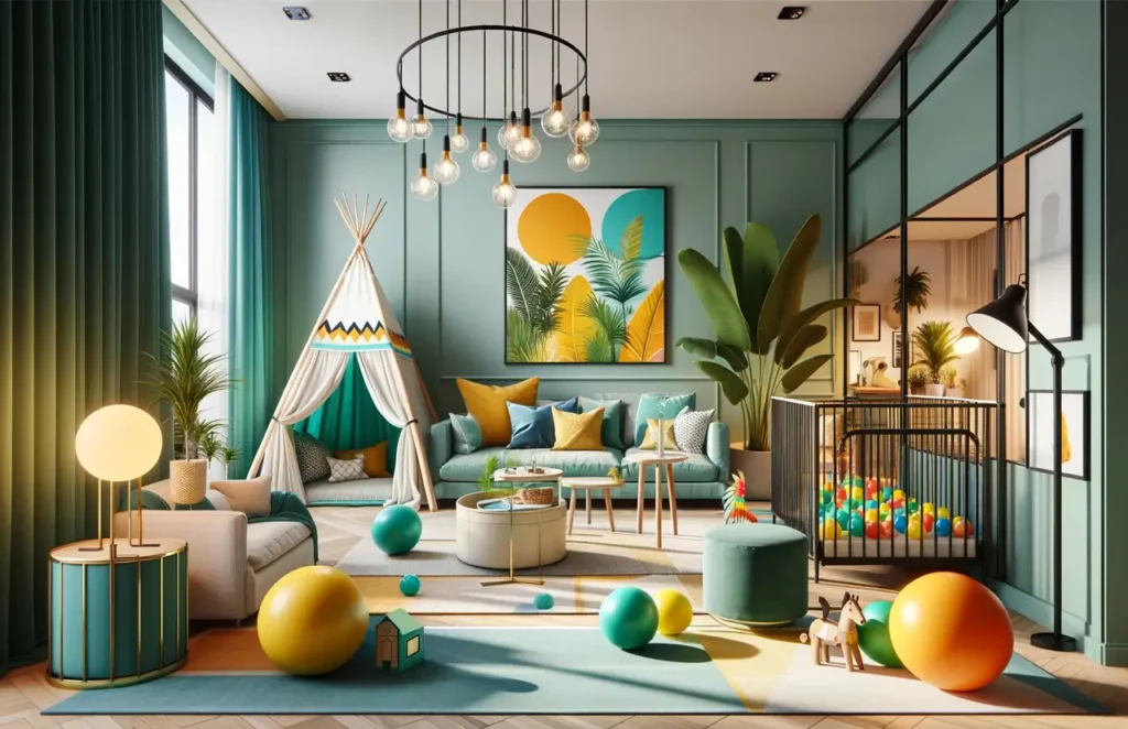 tropical bright spring colour palette in a kids playroom