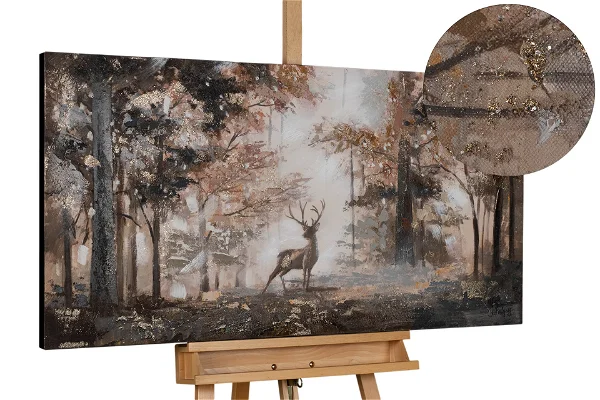 Mystic forest scene with a stag amid autumn trees and golden flecks.