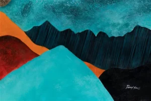 Abstract mountains in blue, orange, and black on canvas.