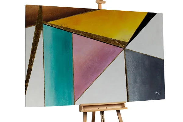 Abstract geometric painting with mixed triangles in bold colors.
