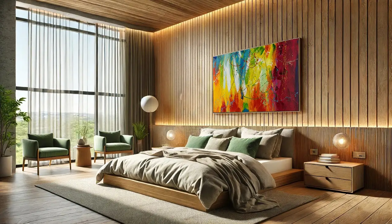 Living room with green sofa and yellow grey accenta and the bright future abstract art acrylic painting by Kenneth Zeng