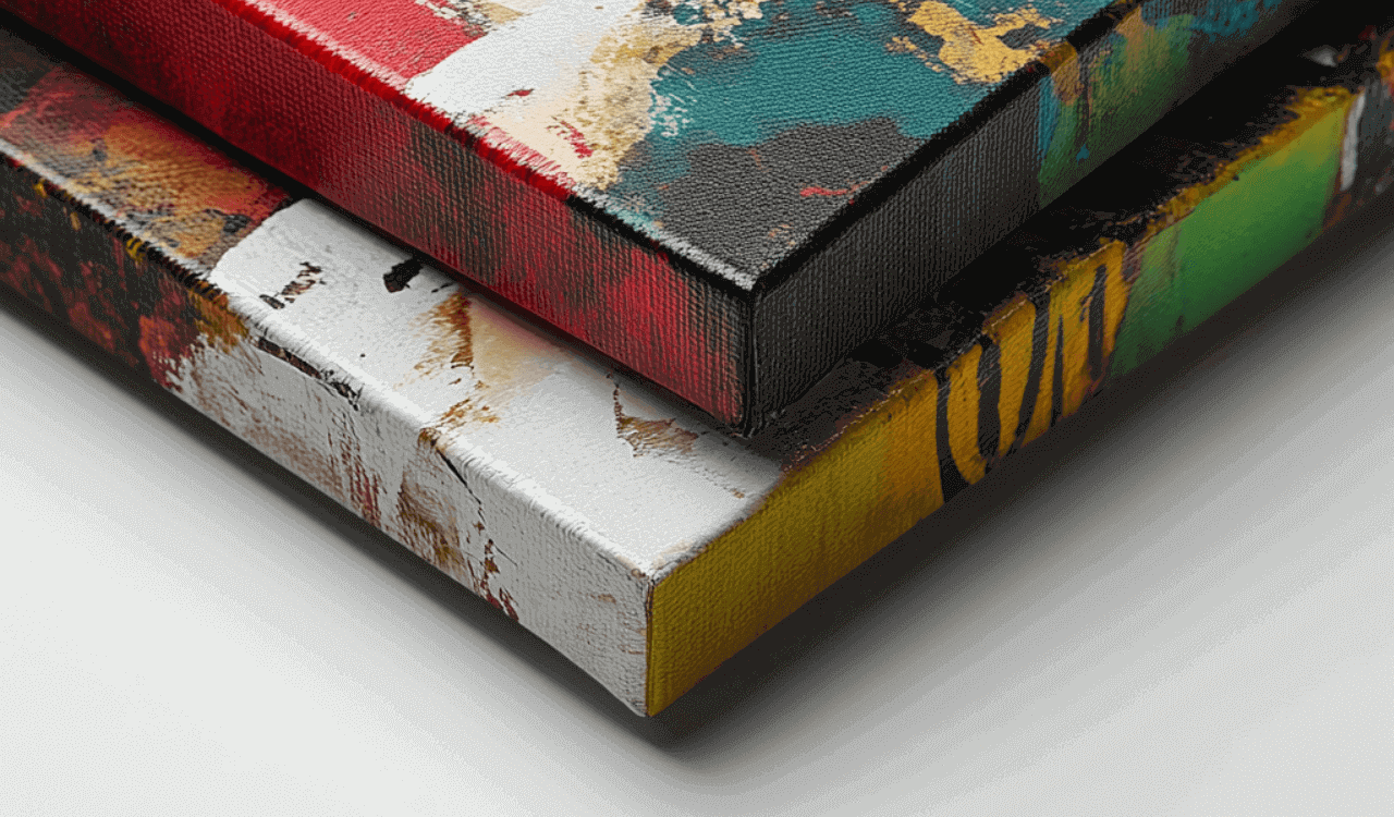 Close-up of stacked abstract canvas prints in red, green, yellow, and white.