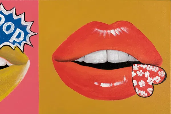Pop-art painting of glossy red lips with a heart-shaped tongue on a mustard-yellow background.