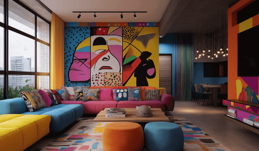 A vibrant living room featuring a large abstract pop art mural with bold colors and geometric patterns. The space includes a colorful sectional sofa, decorative pillows, and modern lighting, creating a dynamic and artistic atmosphere.