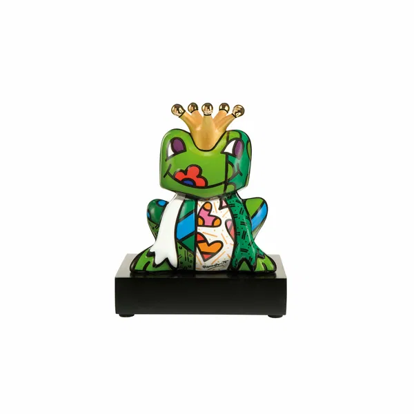 Whimsical porcelain frog figurine wearing a golden crown, featuring colorful abstract designs and playful patterns.