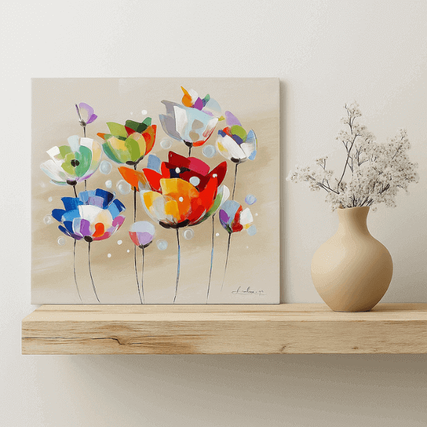 Colorful flower painting with a beige vase on a shelf: "Abstract colorful flowers painting on a beige background, placed above a wooden shelf with a beige vase and dried flowers.