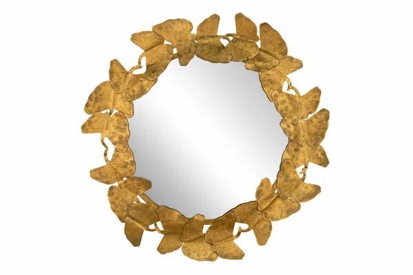 Round mirror framed by a golden ginkgo leaf design, creating a nature-inspired, elegant look for any modern space.