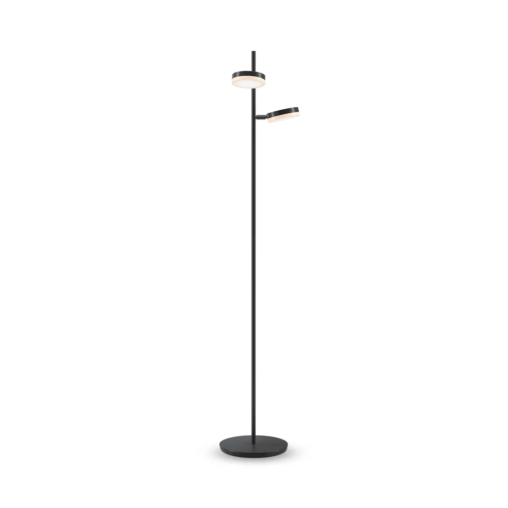 Modern black floor lamp with dual adjustable LED lights and minimalist design.