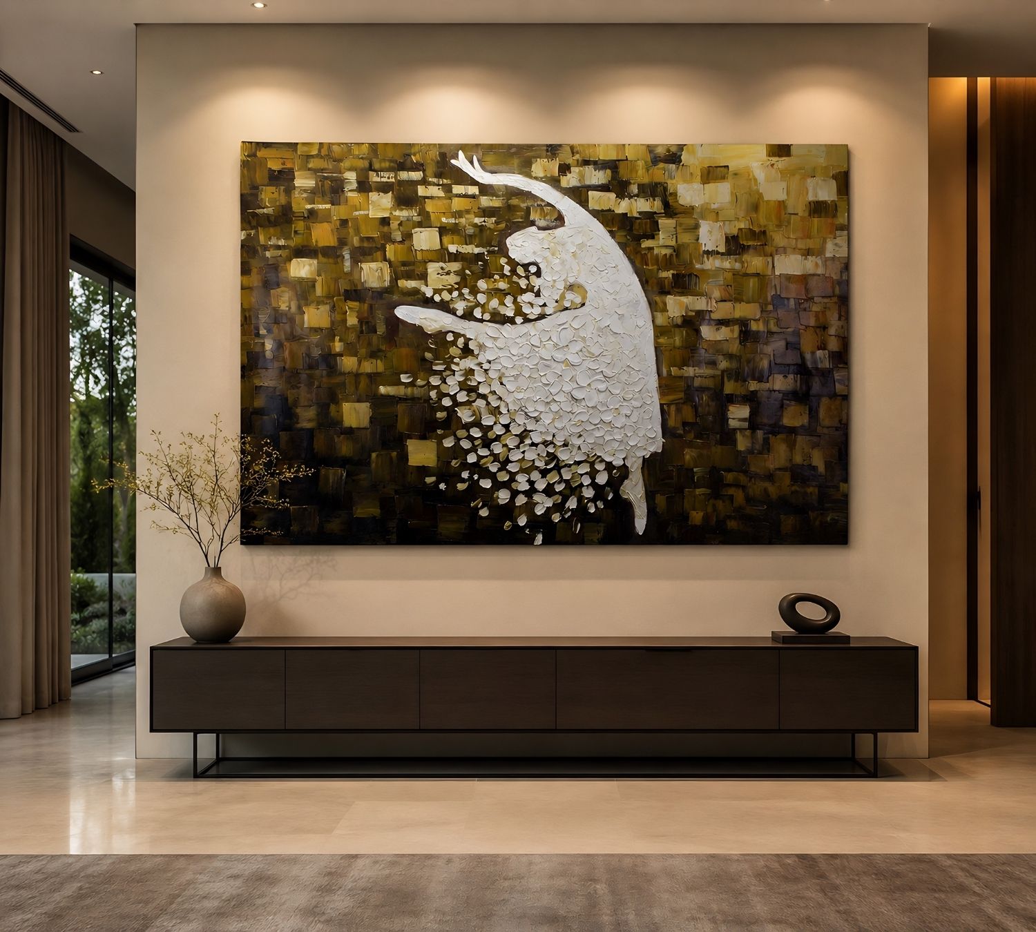 A wide panoramic painting titled "Abstract Ballerina in Gold and White" depicting a textured white dancing figure against a shimmering gold block background.