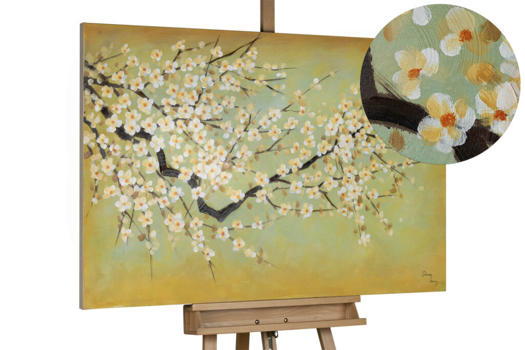 A wide-format canvas art piece titled "Cherry Blossoms" depicting delicate white flowers on soft green and gold tones.
