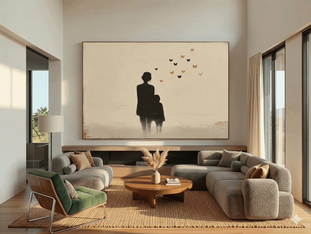 A horizontal living room canvas art mockup featuring a minimalist silhouette of a mother and child with small floating shapes.