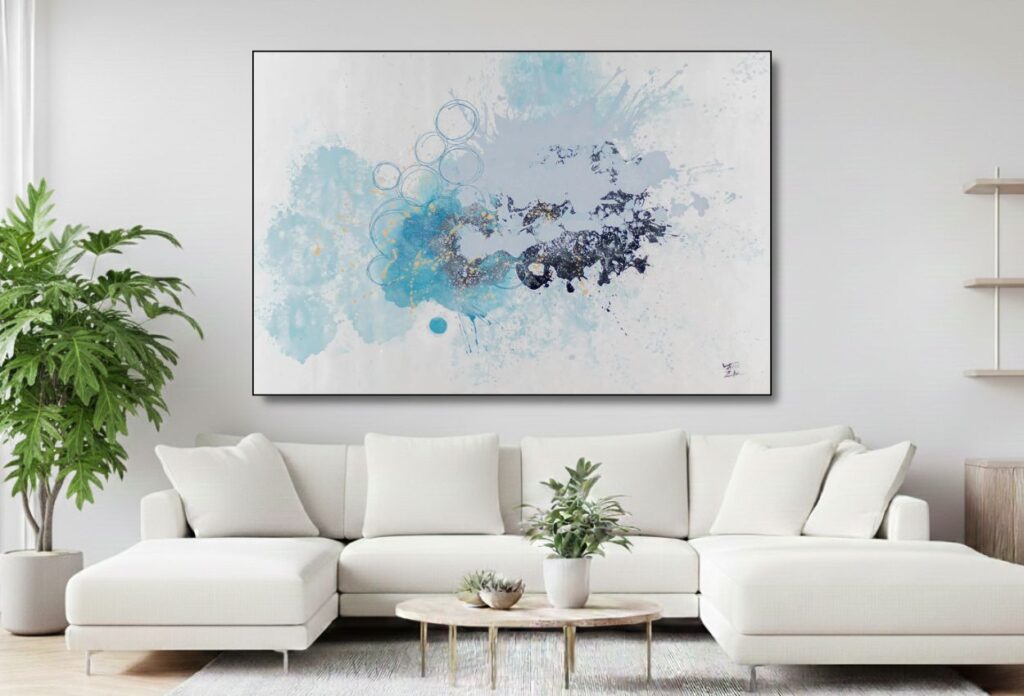 Abstract watercolor blue and purple painting above sofa