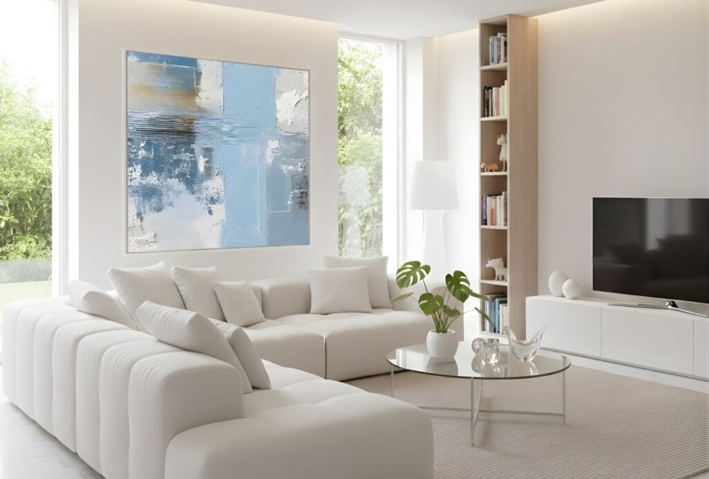 Abstract blue and white painting in bright corner living room