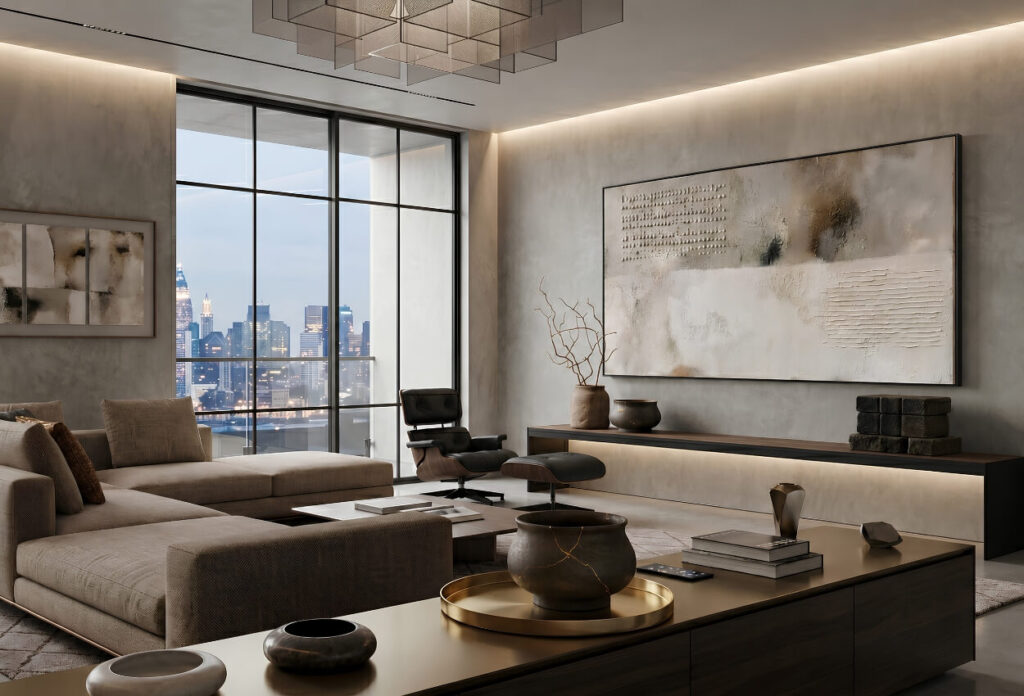 Luxury living room with large textured abstract artwork above a console.