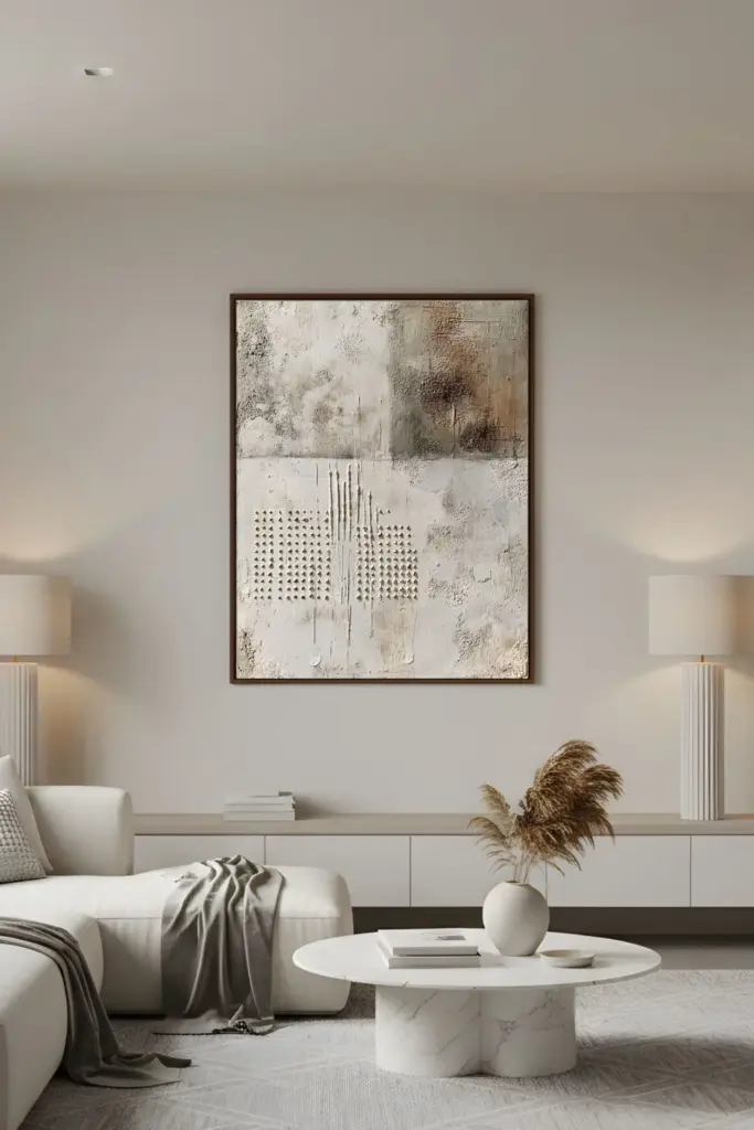 Minimal living room with textured abstract artwork above a white sofa.