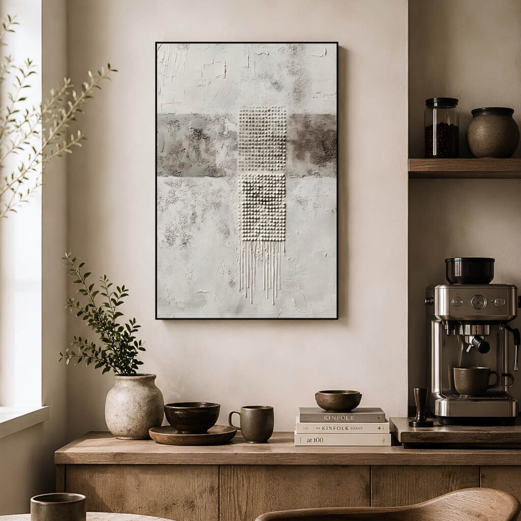 Warm coffee corner with vertical textured abstract artwork above a wooden counter.