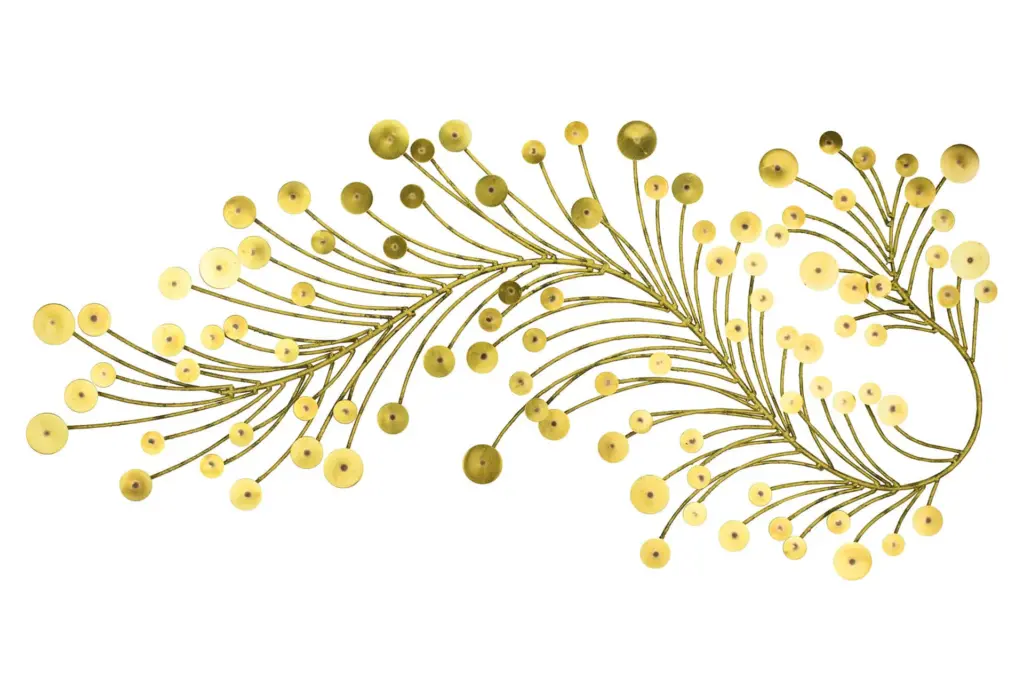A decorative wall sculpture of a sweeping golden feather or branch made of numerous small metallic discs on a white background.