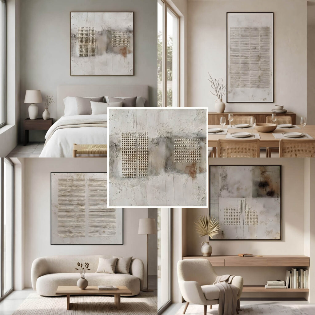 Collage of neutral interiors featuring textured abstract artworks and a close-up of raised dot details.