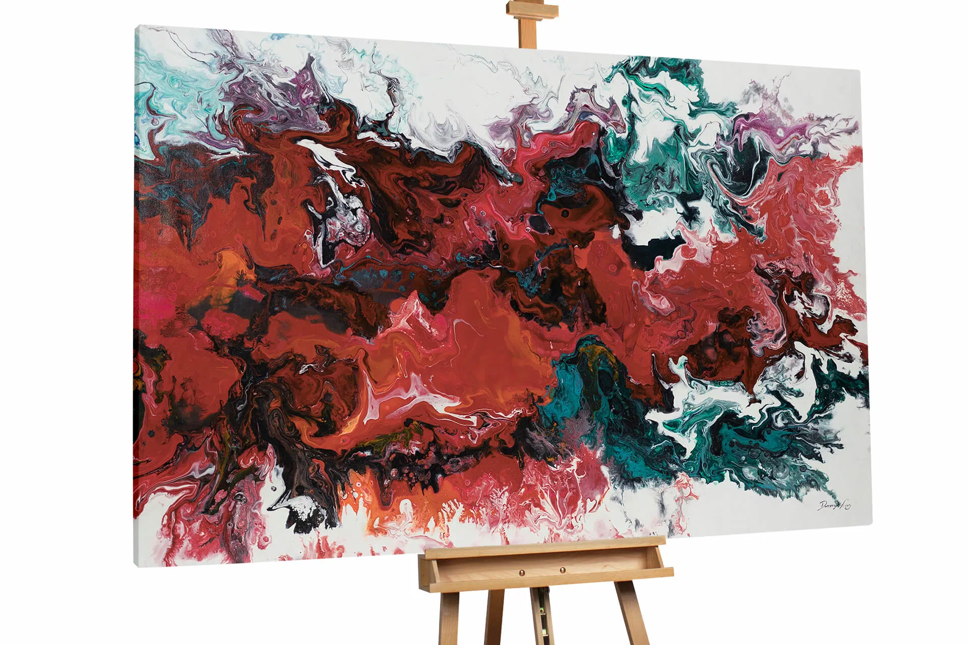 A dynamic abstract painting on an easel featuring a high-contrast mix of deep red, teal, black, and white expressive brushstrokes.