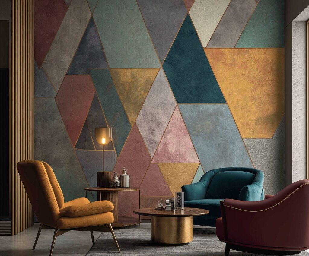 A bold and modern living room featuring a geometric wallpaper with overlapping triangles in rich, moody tones for a dramatic yet stylish look
