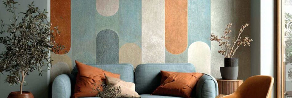 A cozy and modern living room with a geometric design wallpaper, earthy tones, and soft textures perfect for a stylish yet inviting atmosphere.