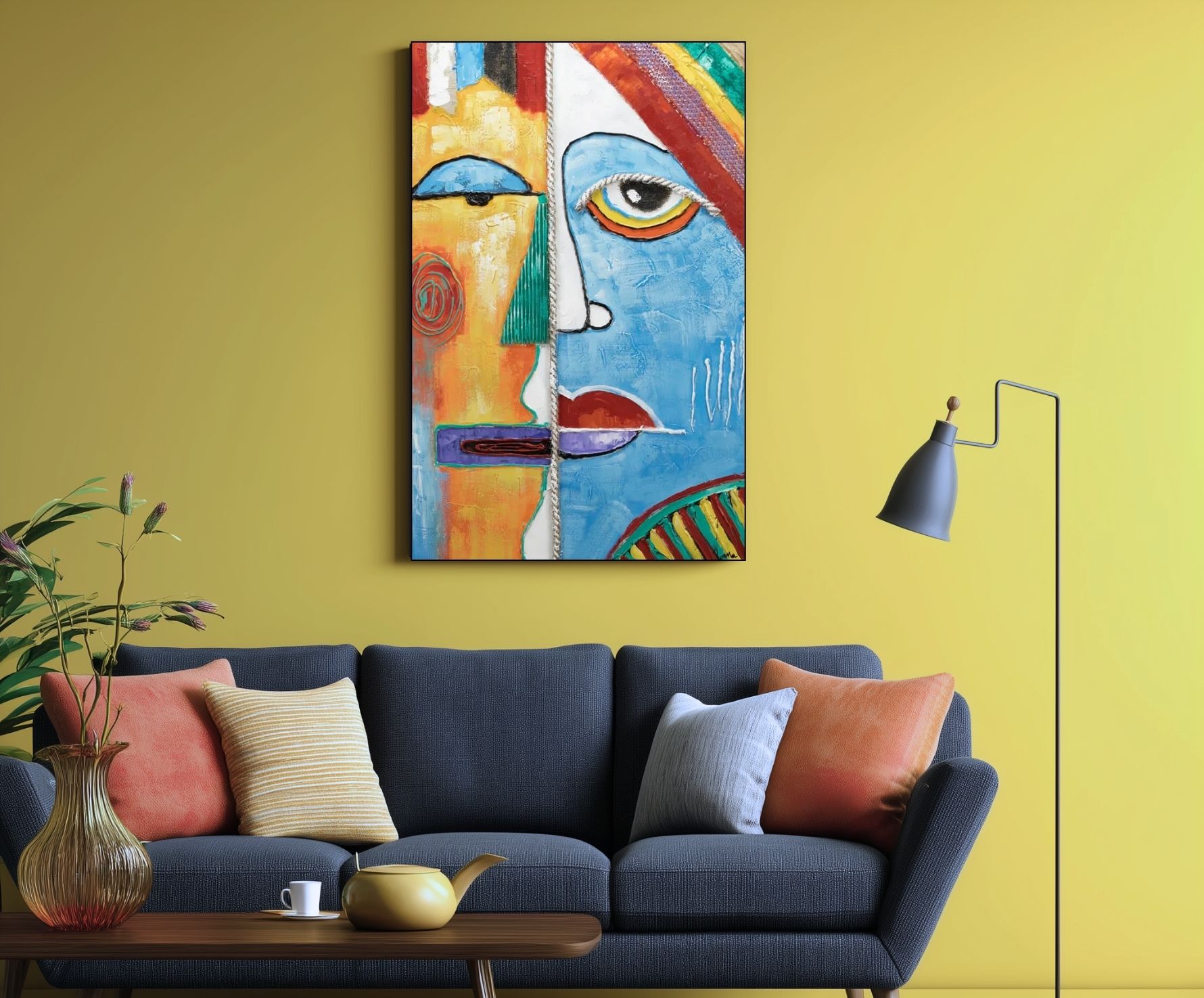 Stylish living room with dark gray sofa, colorful pillows, wooden coffee table, and vibrant abstract face painting on yellow wall