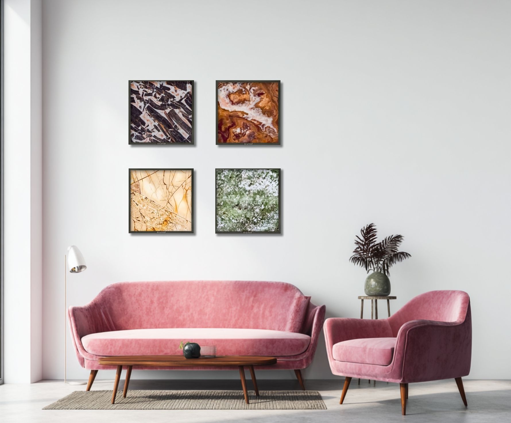 Modern Living room with pink velvet sofa and four medium size marble wall art