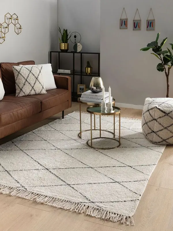 A Modern & Contemporary Style Living room scene with Design rug 'Naomi Cream' on the floor that is 80x120cm in size